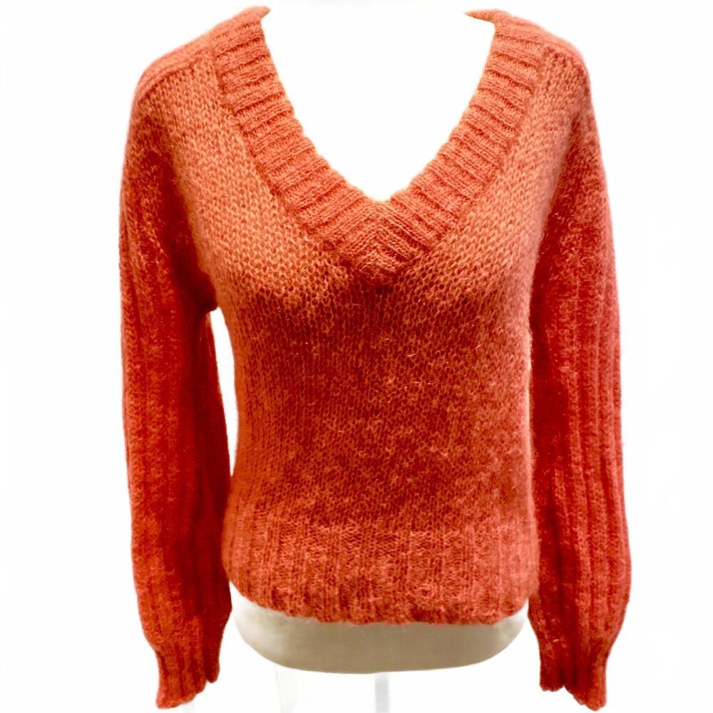 Vintage 1950s Coral Mohair V Neck Sweater Mixed Ribbed Knit